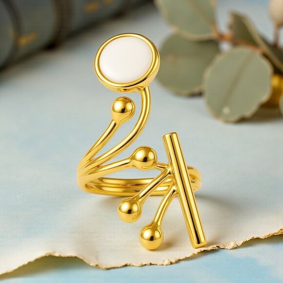 ๐๏ธArtisan Turkish 18K Gold Plated Adjustable Cocktail Ring With Glass Pearl - Picture 12 of 17